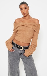 Mocha Soft Bobble Knit Bardot Foldover Top