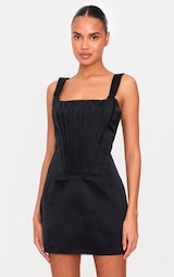 Premium Black Woven Square Neck Lace Back Corset Bodycon Dress