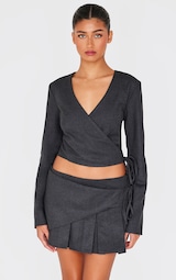 Charcoal Brushed Woven Tailored Wrap Tie Top