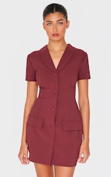 Burgundy Tailored Woven Cap Sleeve Button Down Shift Dress