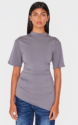 Charcoal Cotton Ruched Side Asymmetric Hem T-shirt