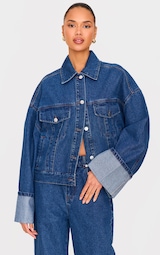 Mid Blue Wash Contrast Stitch Turn Up Cuff Oversized Denim Jacket