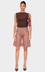 Chocolate Brown Tailored Woven Extendable Waist Long Shorts