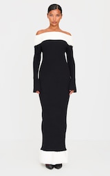 Black Rib Knit Contrast Fur Trim Bardot Maxi Dress