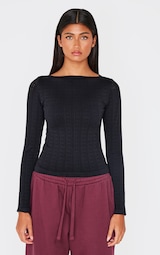 Black Contour Pointelle Detail Boatneck Long Sleeve Top