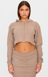 Taupe Brushed Rib Zip Front Cropped Hoodie