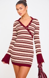 Burgundy Rib Knit Stripe Asymmetric Button Mini Dress