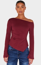 Burgundy Cotton Ruched Side Long Sleeve Top