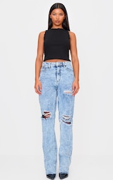 PRETTYLITTLETHING Acid Wash Ripped Long Leg Straight Jeans