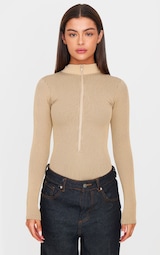 Stone Contrast Contour Rib Zip Up Long Sleeve Bodysuit