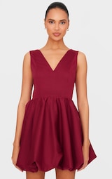 Burgundy Tailored Woven V Neck Puffball Mini Dress