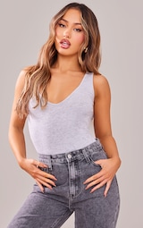 Petite Grey Marl Basic Cotton Blend Plunge Sleeveless Bodysuit