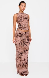 Mauve Floral Print Devore Mesh Ruched Maxi Skirt