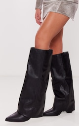 Black Wide Fit PU Fold Over Knee High Block Heeled Western Boots