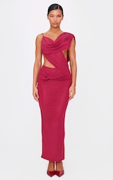 Burgundy Mesh Draped Cut Out Maxi Dress