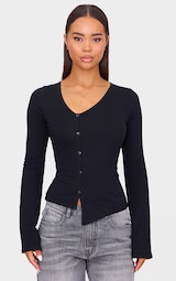 Black Asymmetric Button Down Detail Long Sleeve Top