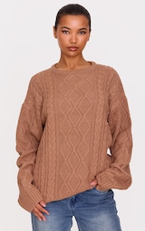 Taupe Textured Cable Knit Oversized Jumper