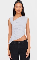 Grey Marl Asymmetric Detail Ruched Long Top