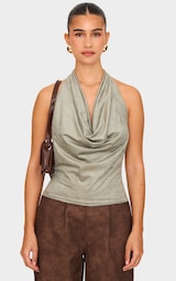 Khaki Faux Suede Cowl Neck Long Top