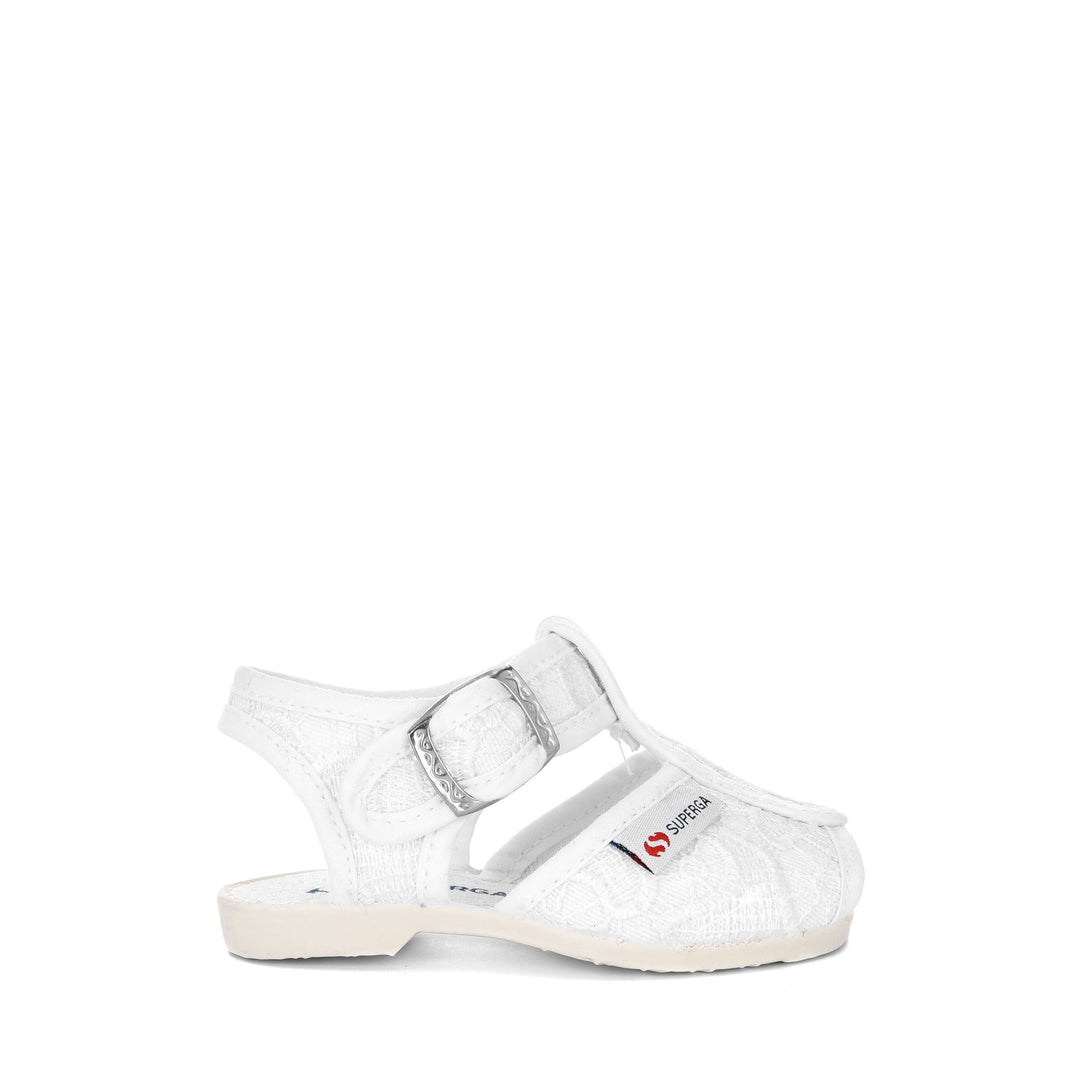 Weiße Sandalen für Mädchen mit Obermaterial aus Makramee-Spitze 01