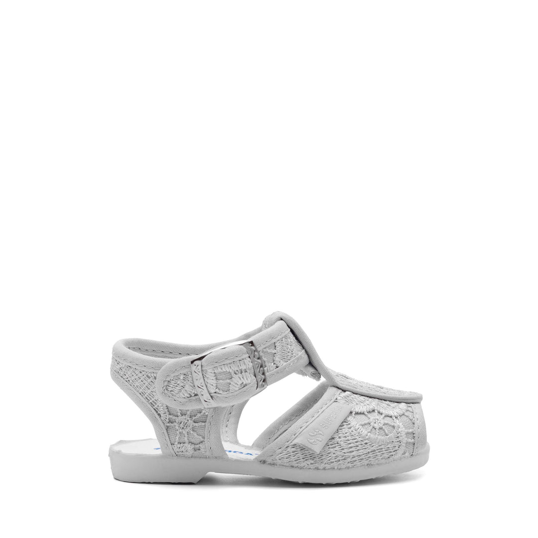 Graue Sandalen für Mädchen mit Obermaterial aus Makramee-Spitze 01