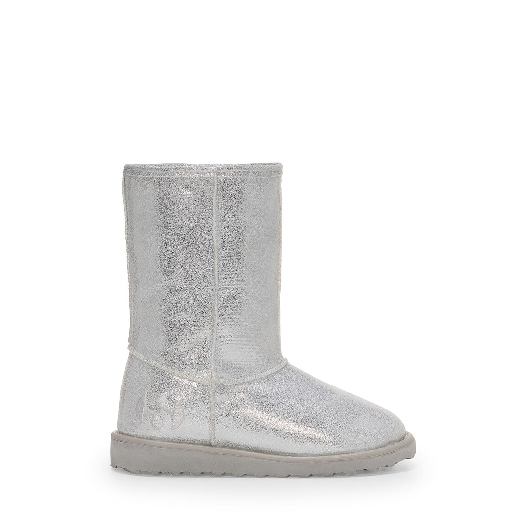 Silberne Mädchenstiefel mit Obermaterial aus Lamé-Mikrofaser 01