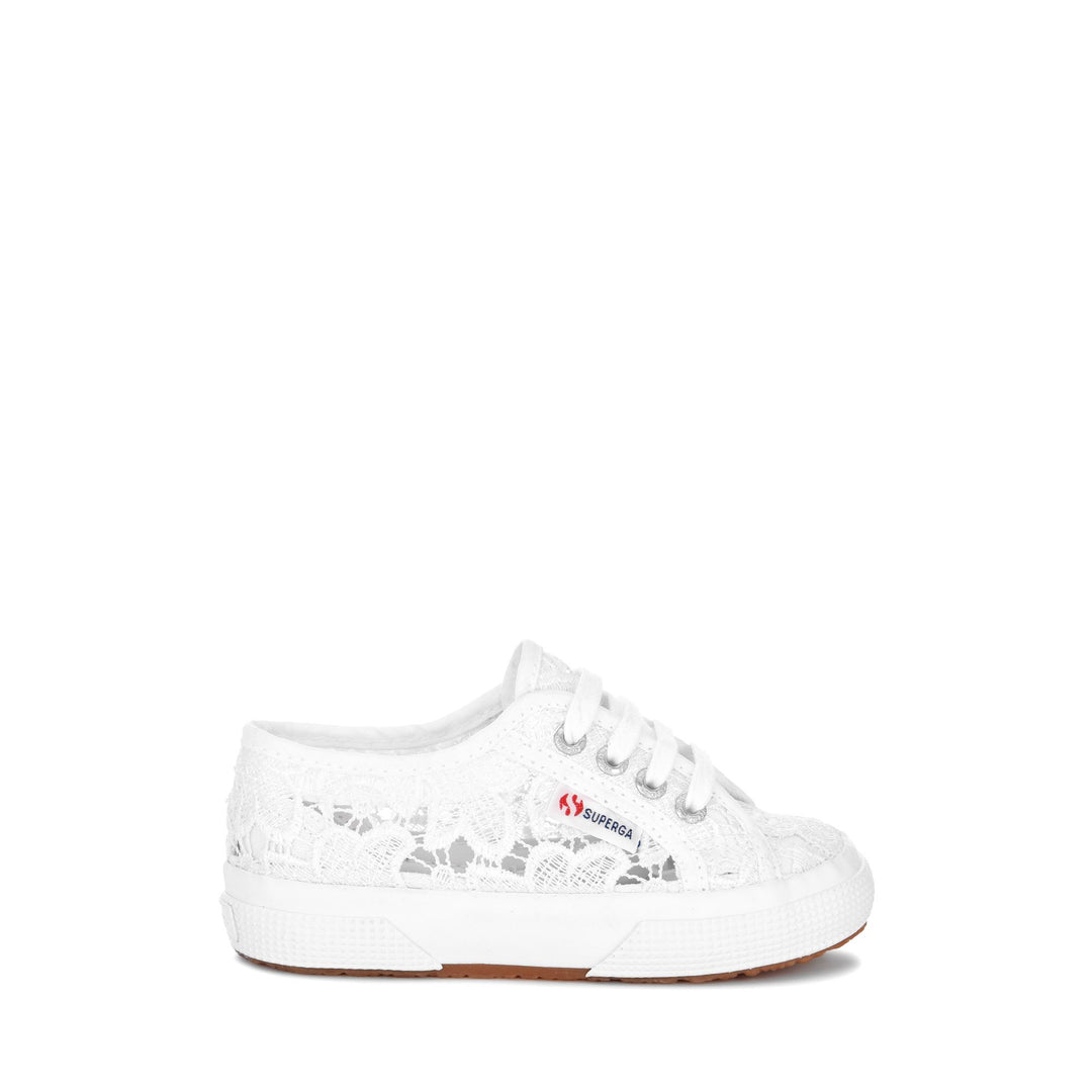 Weiße Mädchen-Sneaker mit Obermaterial aus Makramee-Spitze 01